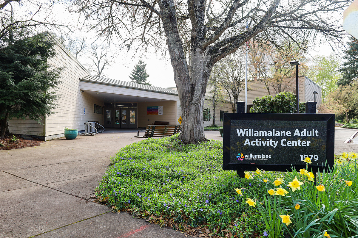 Exterior view of Willamalane Adult Activity Center showing facility sign