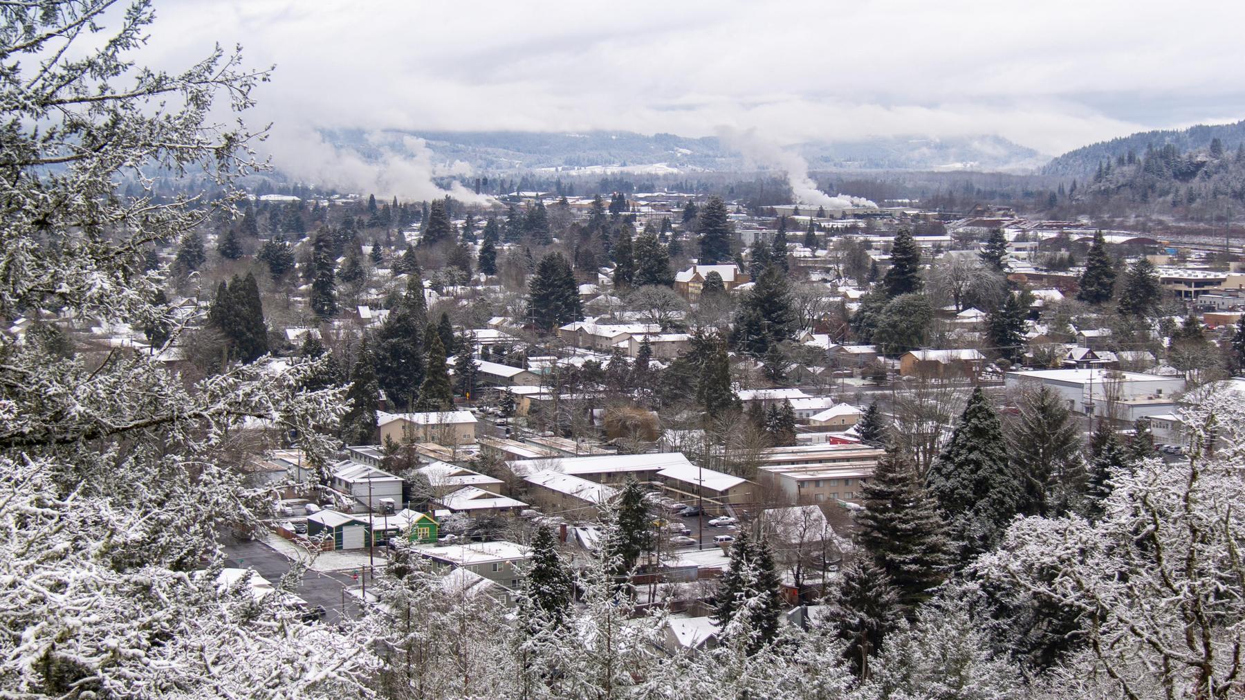 Light snowfall looking over town from Kelly Butte