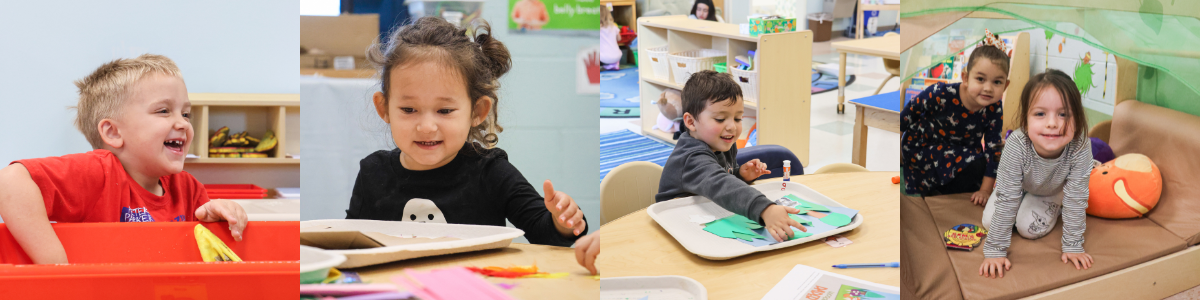 Four photos of preschoolers smiling in their classrooms.