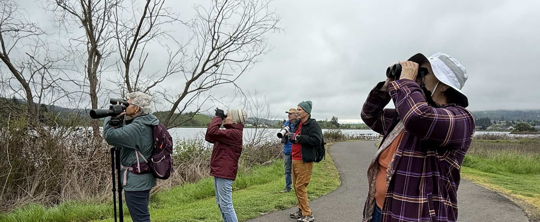Participants on a birding trip to Ford's Pond in Sutherlin use binoculars