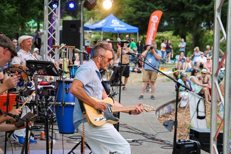 An adult with a guitar stands on stage.