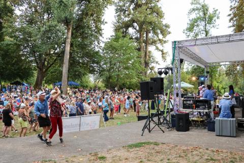 A crowd stands in front of an outdoor stage.