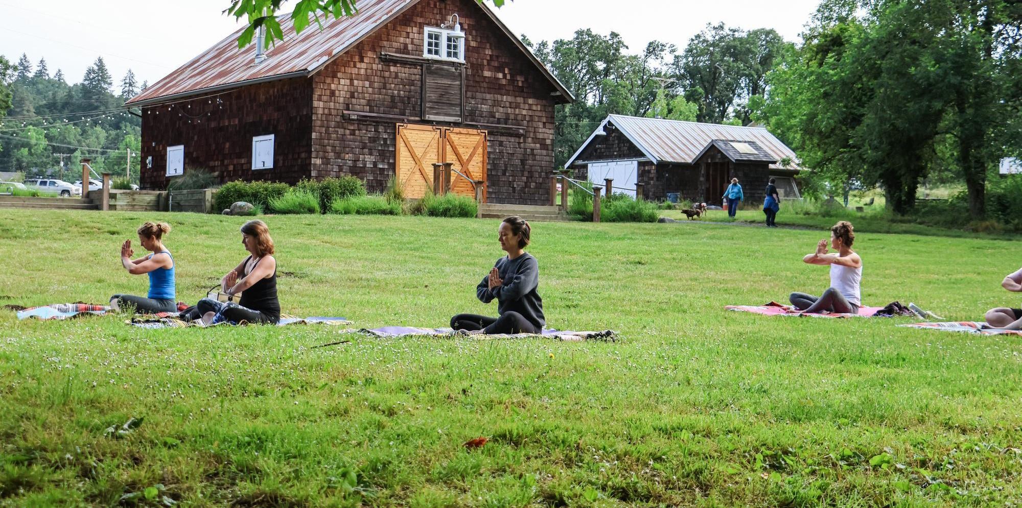 a group of women sit posed in the grass near the barn at Dorris Ranch during a core yoga class