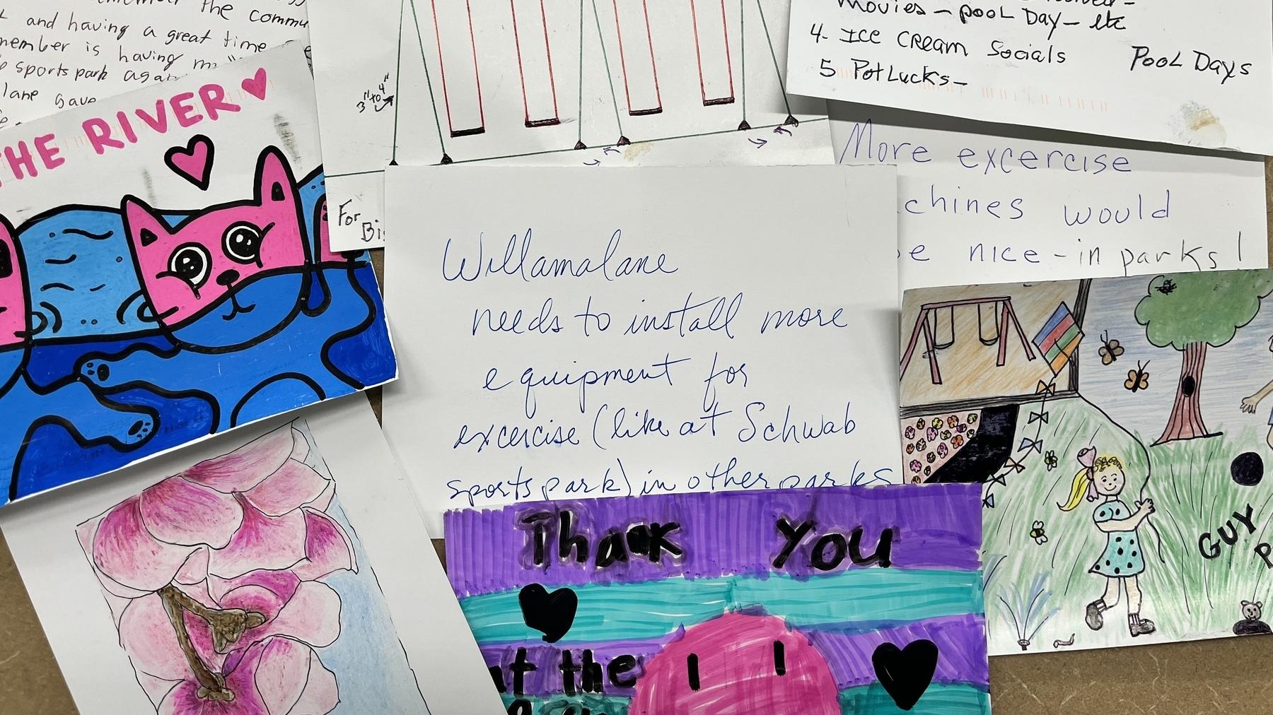 Postcards with drawings of park memories and wishes