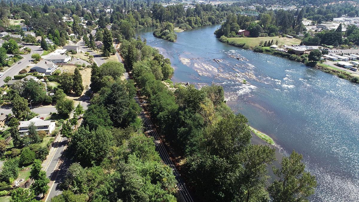 An overhead view of the Willamette River looking East toward Springfield