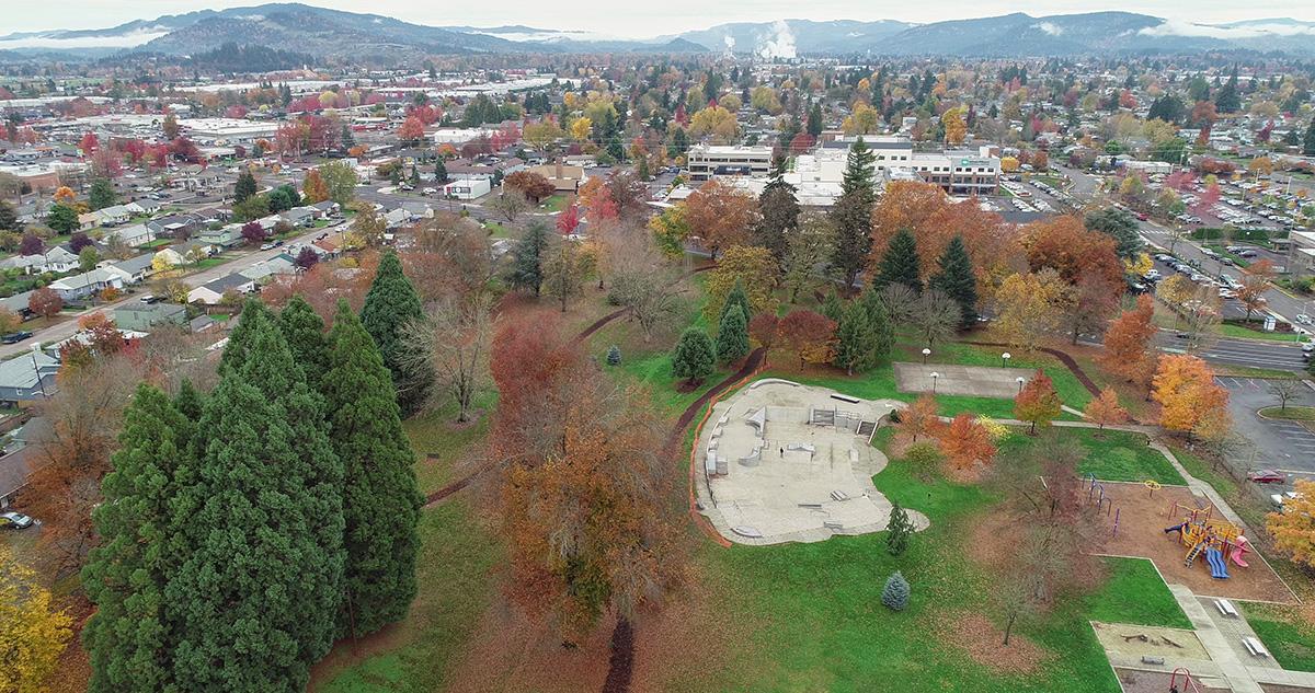 An overhead view of Willamalane park and surrounding community in the late fall