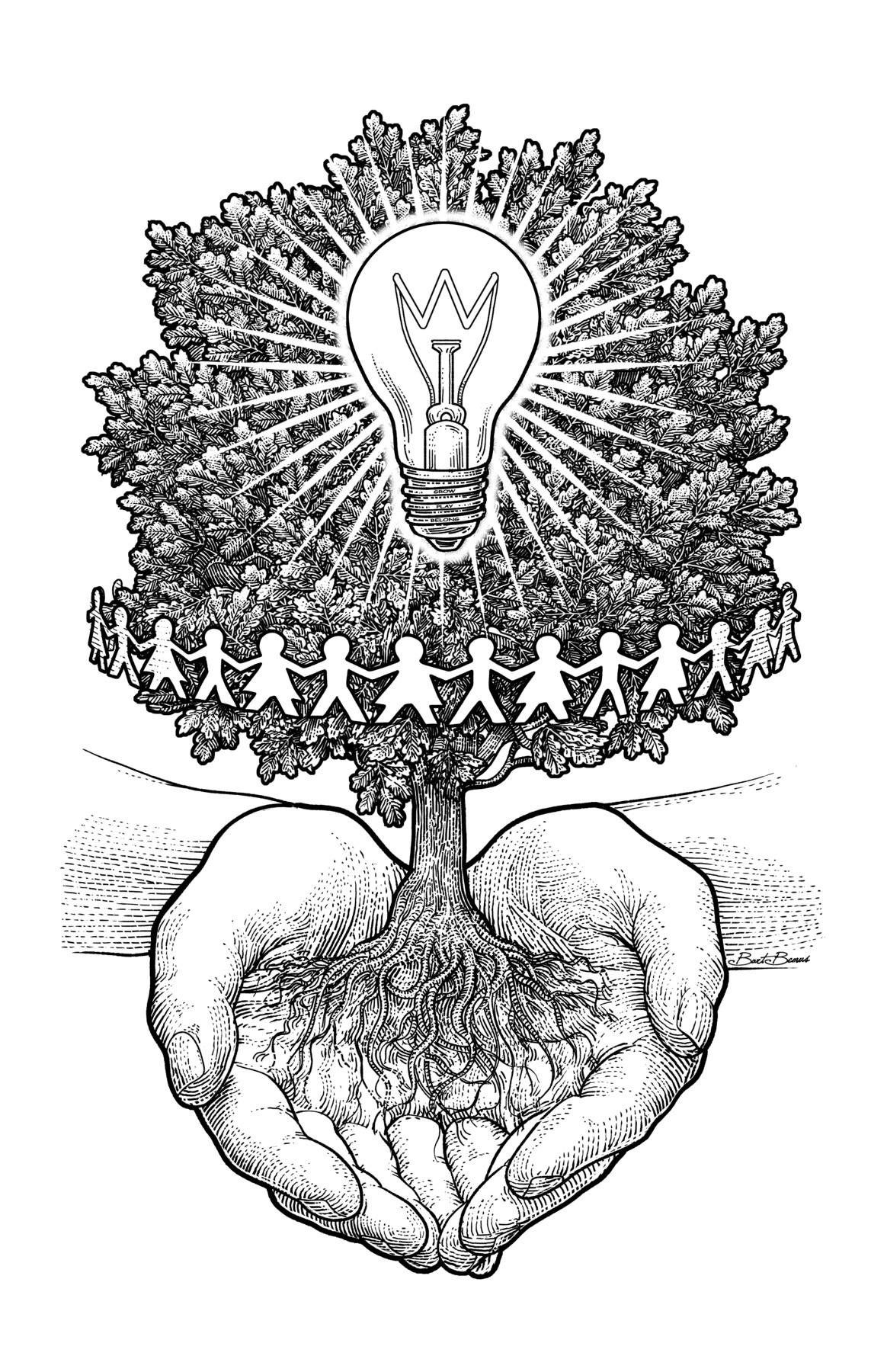 Artwork featuring a full grown tree in hands, with a lightbulb in the branches