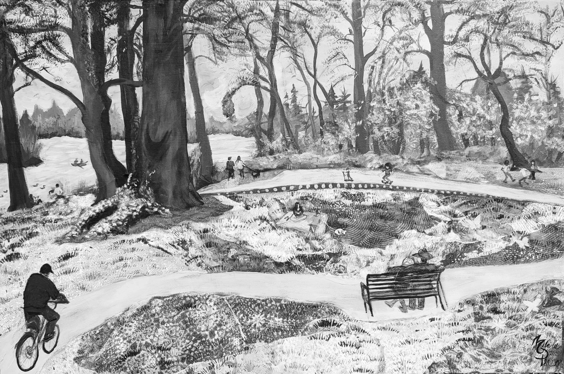 A black and white painting of Island Park