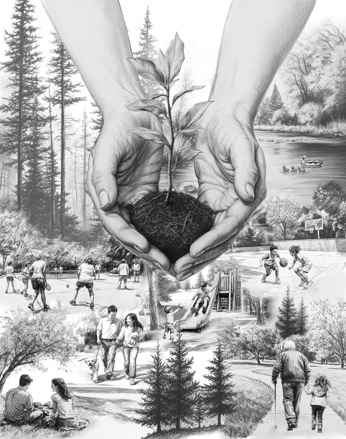 Drawing of two hands holding a baby tree with park scenes around