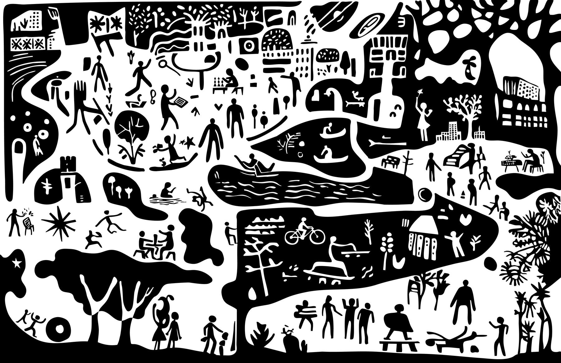 Abstract black and white artwork showing people in parks