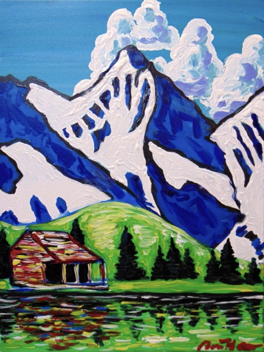 A painted mountain scene.