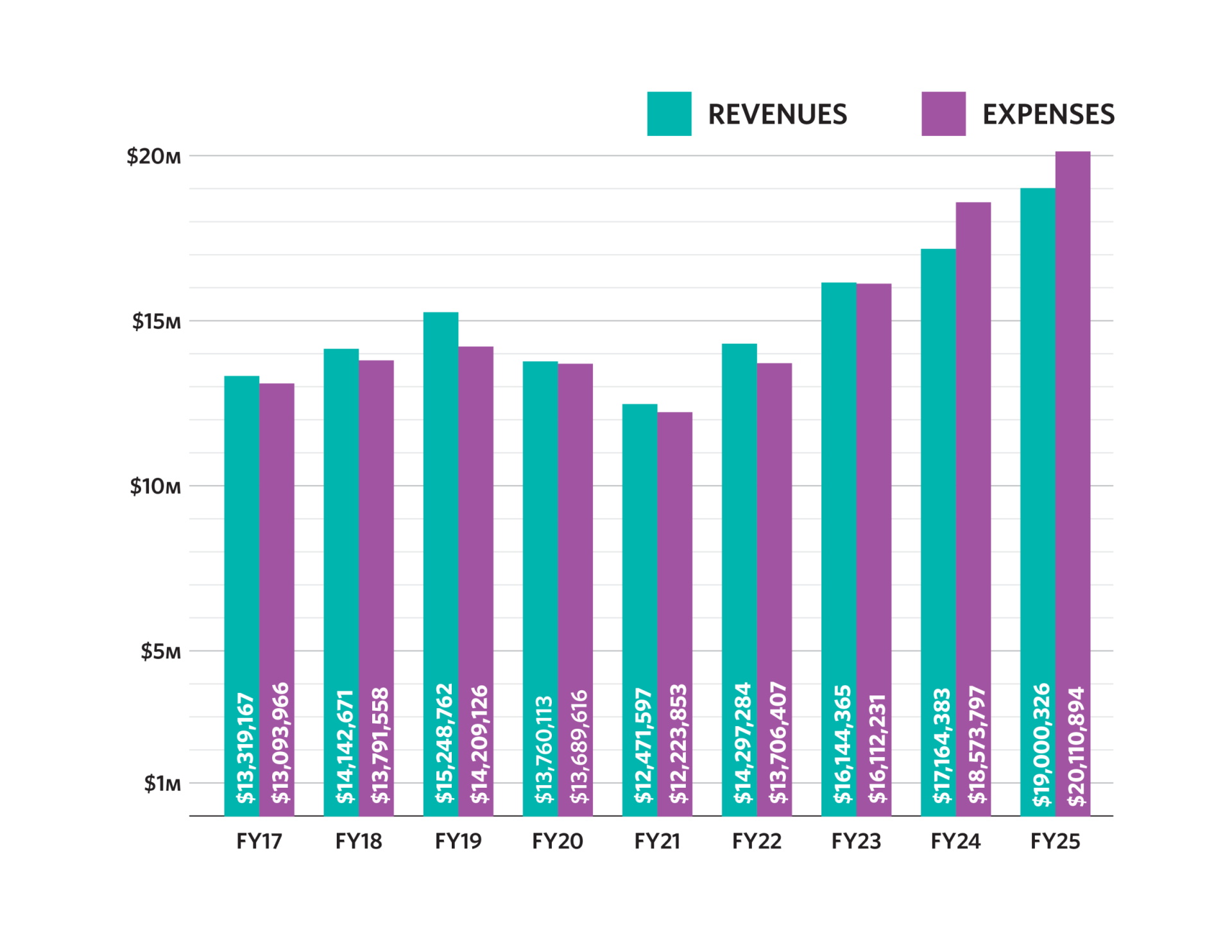 A bar graph shows revenues above expenses until FY24, when expenses begin to outpace revenue growth