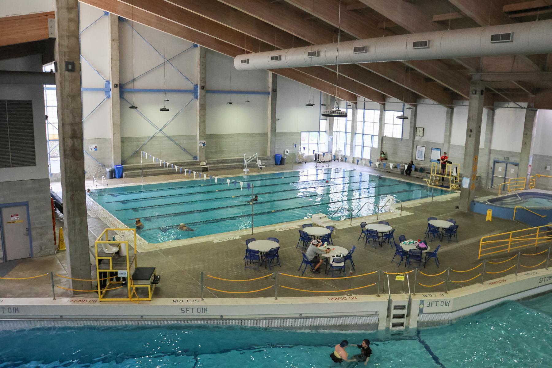 The lap pool and seating areas from above