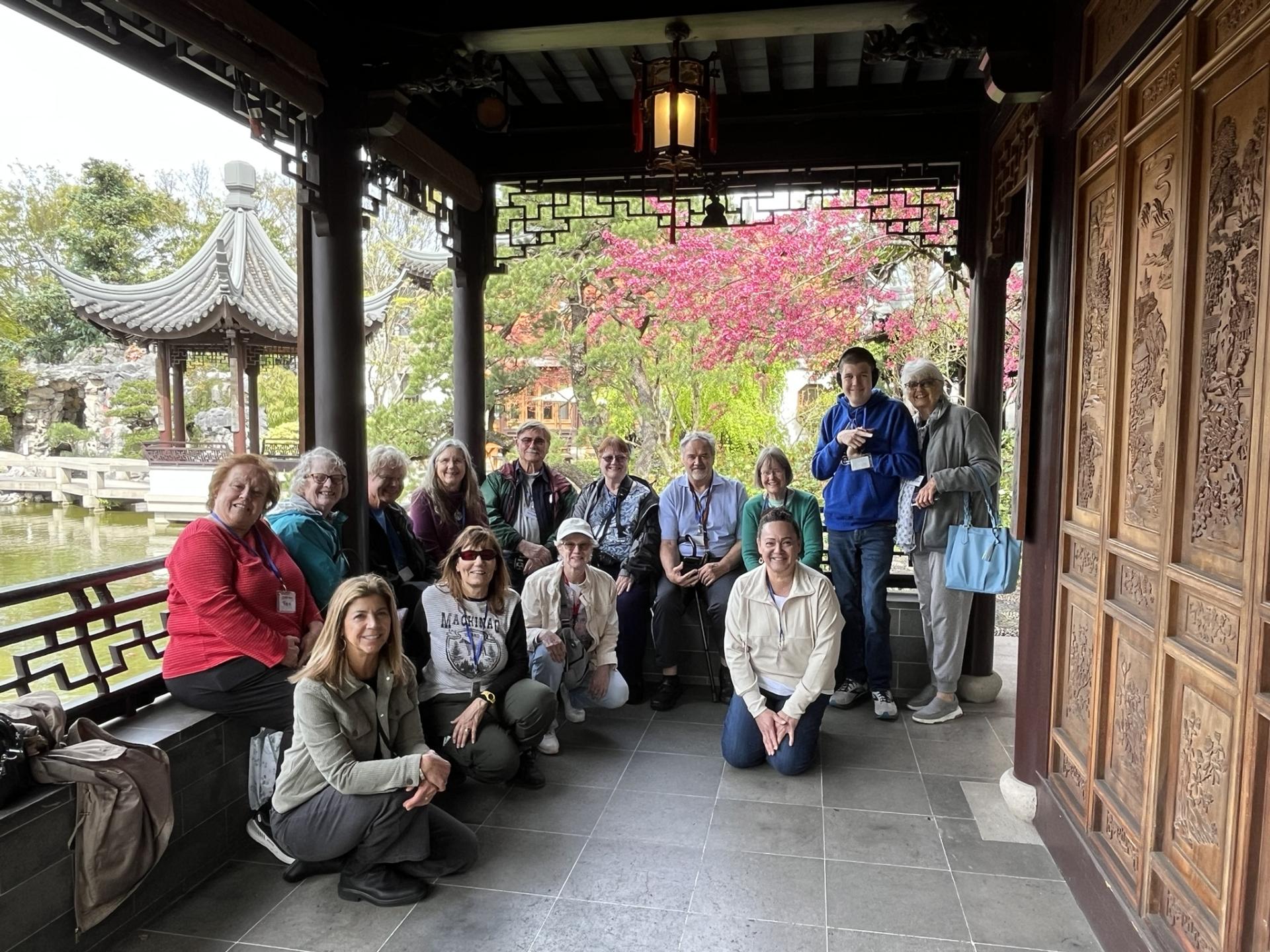Participants pose on a Willamalane day trip to Lan Su Chinese Garden in Portland