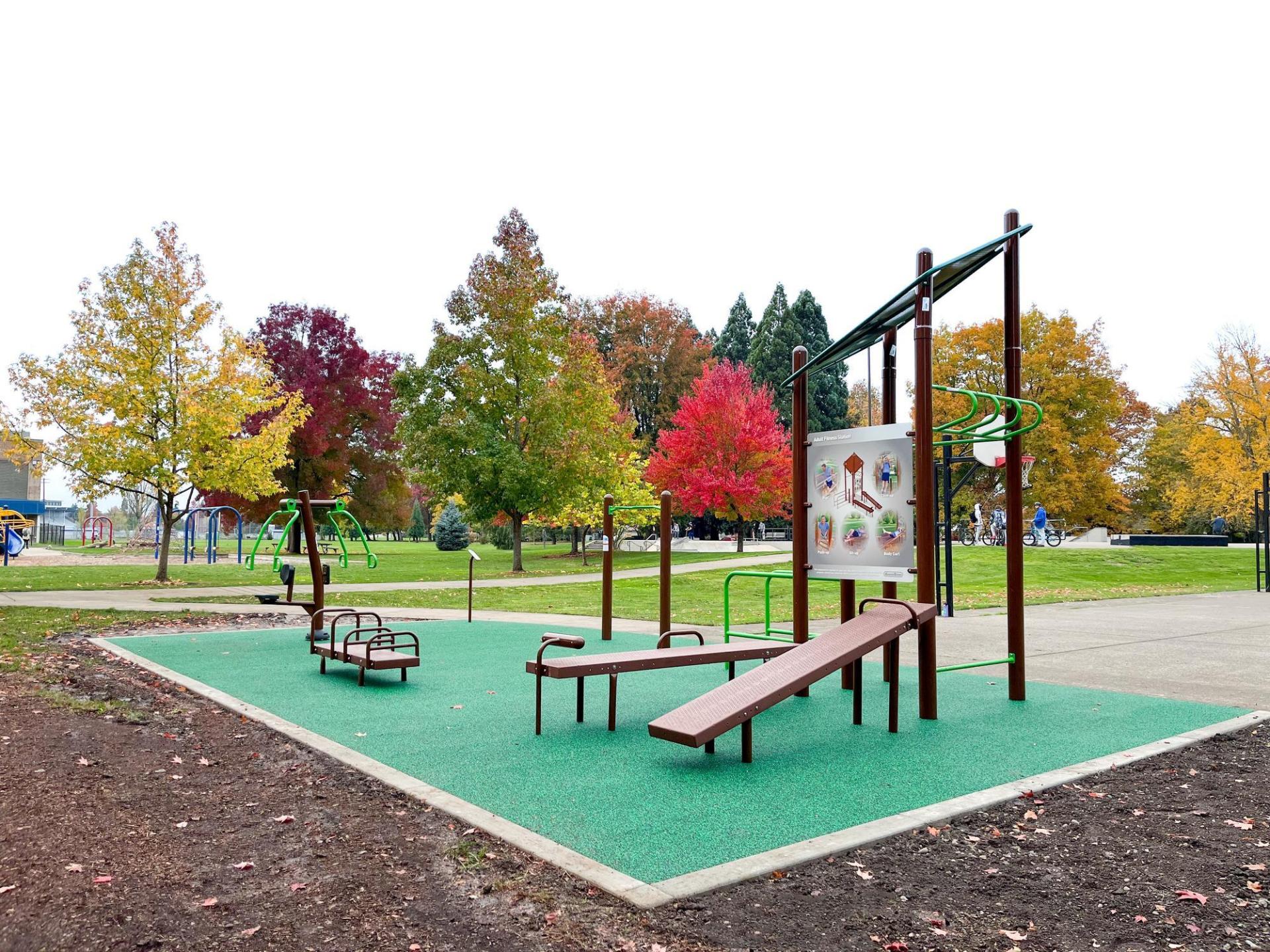 An outdoor, uncovered fitness station featuring body weight equipment 