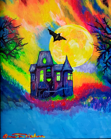 A hand-painted haunted house scene.