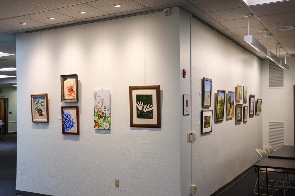 Photo frames of art arranged on a white wall.