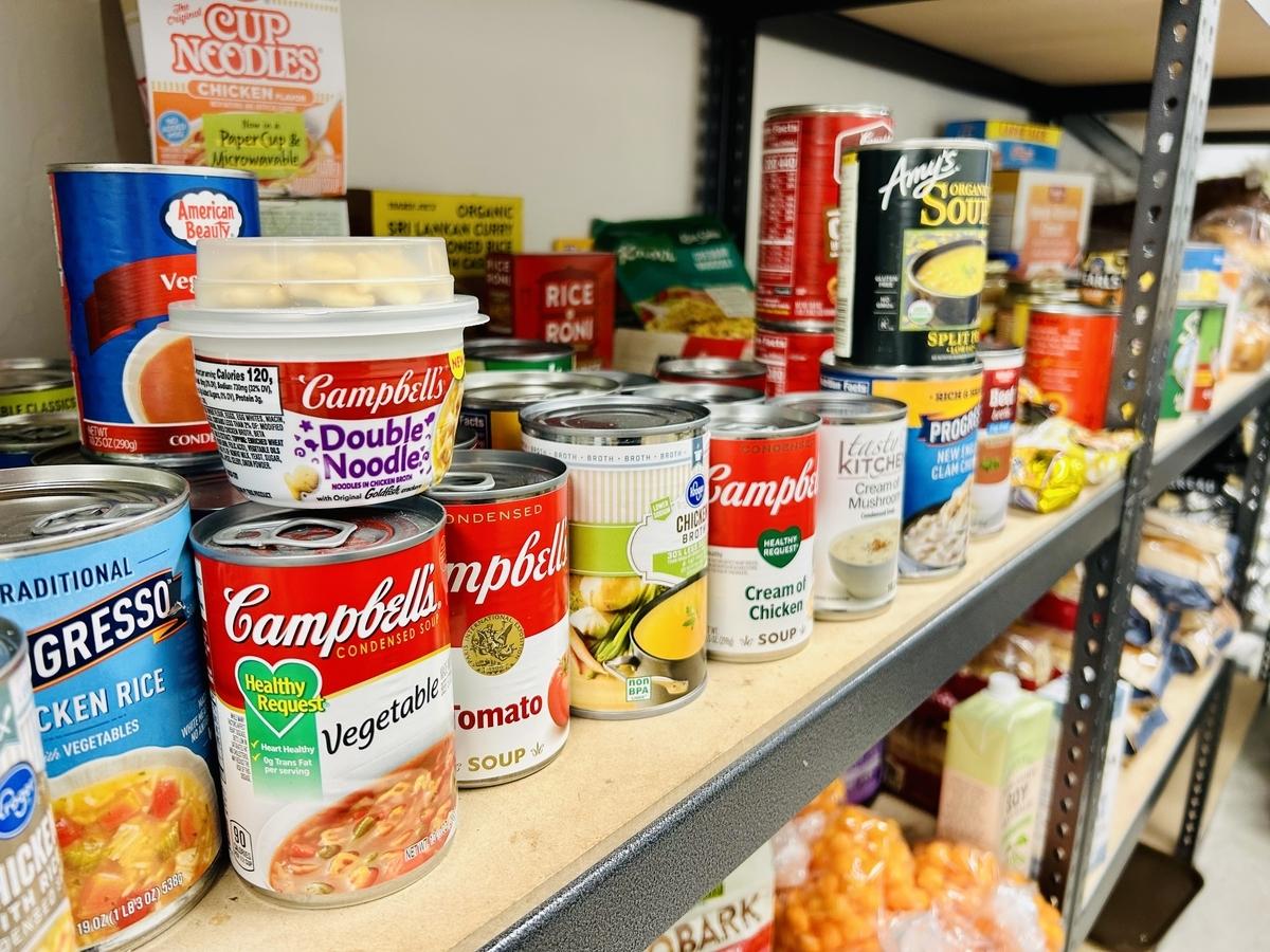 Rows of food cans stacked on a shelf.